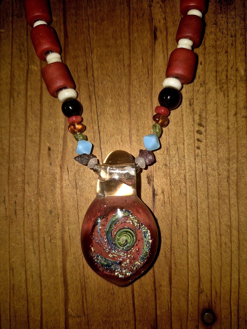 Boho-Handcrafted Red Swirl Glass Pendant Necklace with Multicolor Beads & Stones